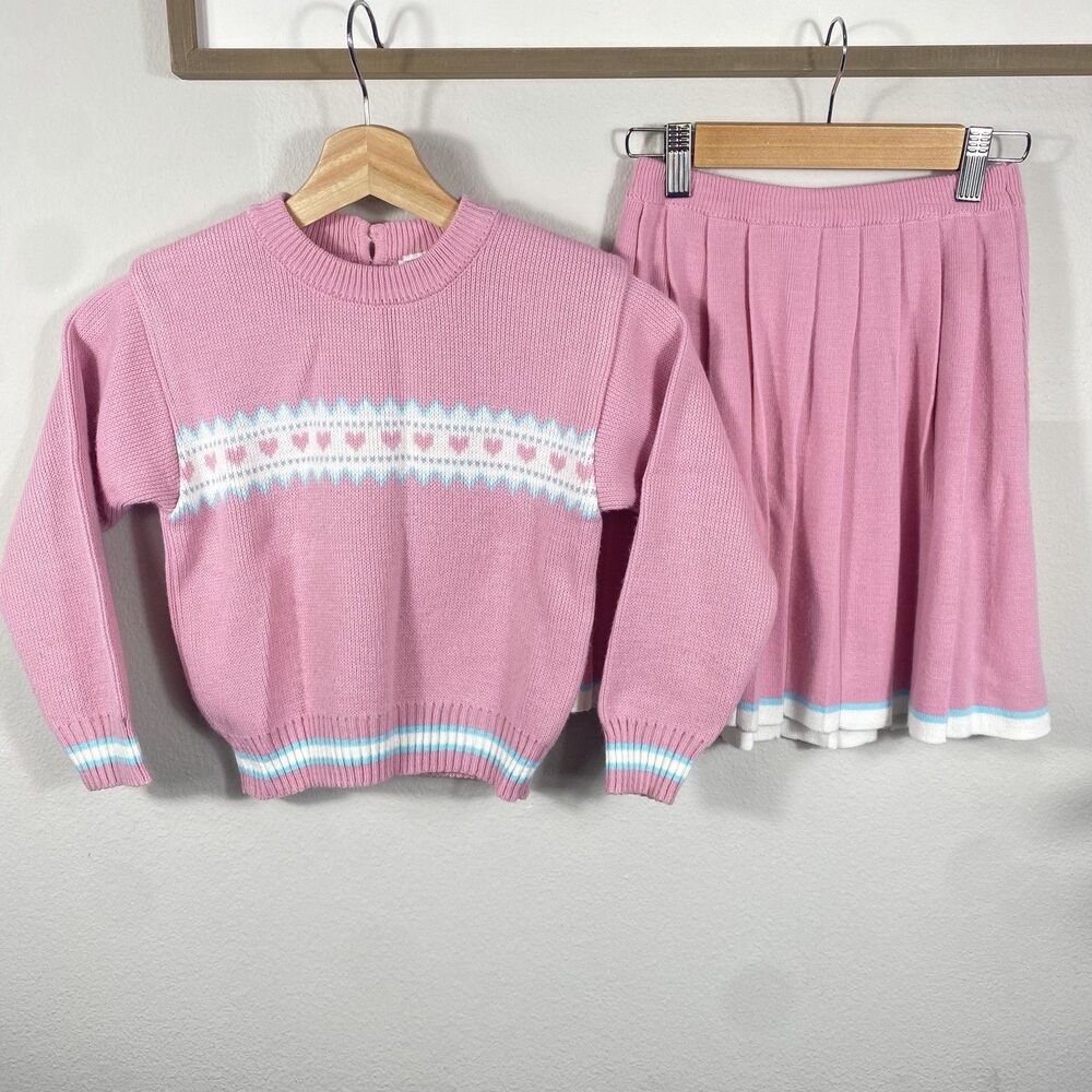 Vintage 1980s Pink Knitted Heart Sweater And Matching Skirt Set Girls Size 6
